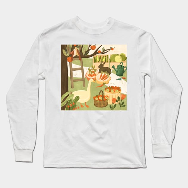 Farm illustration with bunny and goose Long Sleeve T-Shirt by mikhaleeevich